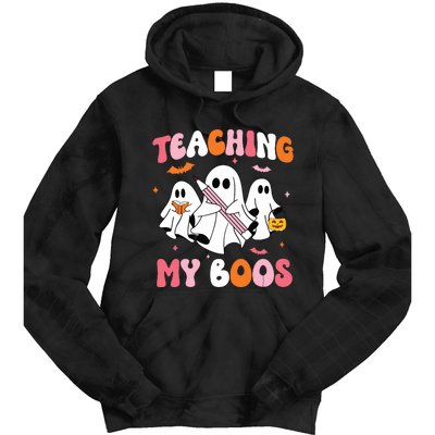 Teaching My Boos Spooky Teacher Ghost Halloween Groovy Retro Tie Dye Hoodie