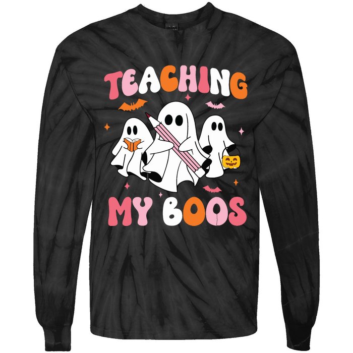 Teaching My Boos Spooky Teacher Ghost Halloween Groovy Retro Tie-Dye Long Sleeve Shirt