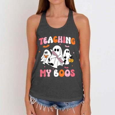 Teaching My Boos Spooky Teacher Ghost Halloween Groovy Retro Women's Knotted Racerback Tank