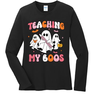 Teaching My Boos Spooky Teacher Ghost Halloween Groovy Retro Ladies Long Sleeve Shirt