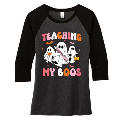 Teaching My Boos Spooky Teacher Ghost Halloween Groovy Retro Women's Tri-Blend 3/4-Sleeve Raglan Shirt