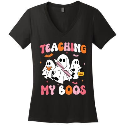 Teaching My Boos Spooky Teacher Ghost Halloween Groovy Retro Women's V-Neck T-Shirt