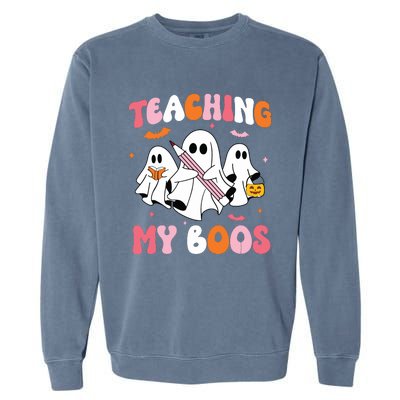 Teaching My Boos Spooky Teacher Ghost Halloween Groovy Retro Garment-Dyed Sweatshirt