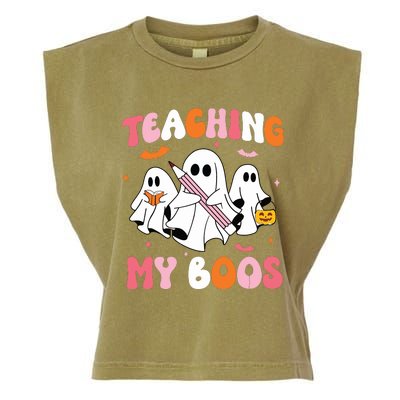 Teaching My Boos Spooky Teacher Ghost Halloween Groovy Retro Garment-Dyed Women's Muscle Tee