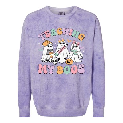 Teaching My Boos Cute Book Ghost Groovy Teacher Halloween Colorblast Crewneck Sweatshirt