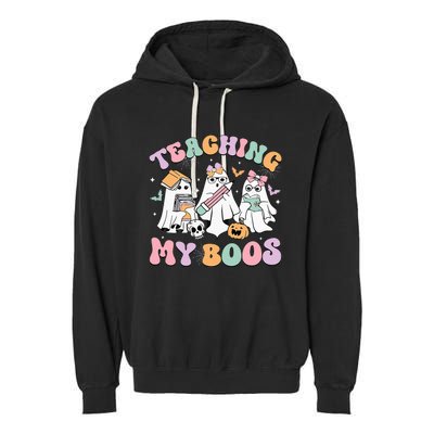 Teaching My Boos Cute Book Ghost Groovy Teacher Halloween Garment-Dyed Fleece Hoodie