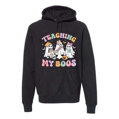 Teaching My Boos Cute Book Ghost Groovy Teacher Halloween Premium Hoodie