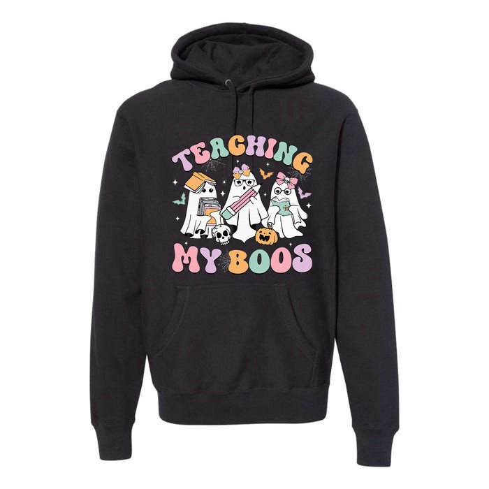 Teaching My Boos Cute Book Ghost Groovy Teacher Halloween Premium Hoodie