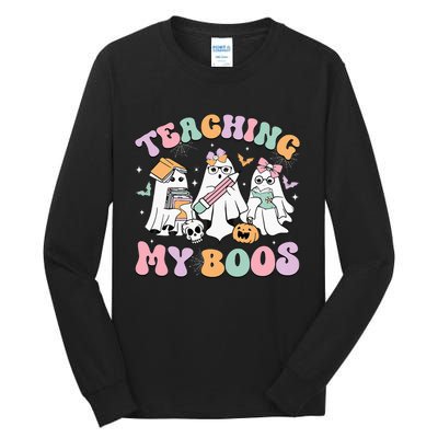 Teaching My Boos Cute Book Ghost Groovy Teacher Halloween Tall Long Sleeve T-Shirt