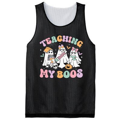 Teaching My Boos Cute Book Ghost Groovy Teacher Halloween Mesh Reversible Basketball Jersey Tank