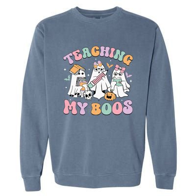 Teaching My Boos Cute Book Ghost Groovy Teacher Halloween Garment-Dyed Sweatshirt