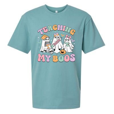 Teaching My Boos Cute Book Ghost Groovy Teacher Halloween Sueded Cloud Jersey T-Shirt