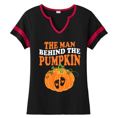 The Man Behind The Pumpkin Dad Halloween Pregnancy Reveal Ladies Halftime Notch Neck Tee