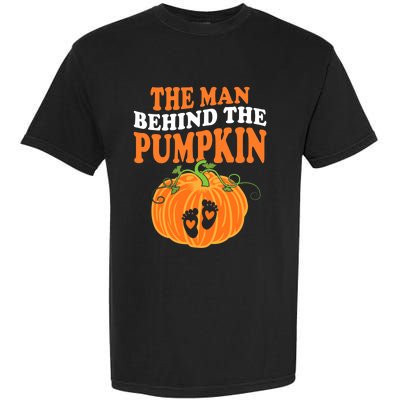 The Man Behind The Pumpkin Dad Halloween Pregnancy Reveal Garment-Dyed Heavyweight T-Shirt