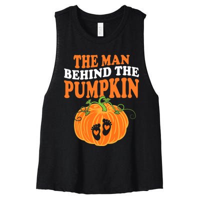 The Man Behind The Pumpkin Dad Halloween Pregnancy Reveal Women's Racerback Cropped Tank