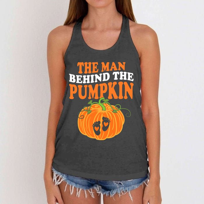 The Man Behind The Pumpkin Dad Halloween Pregnancy Reveal Women's Knotted Racerback Tank