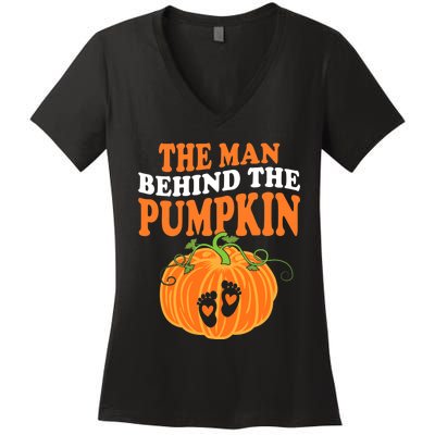 The Man Behind The Pumpkin Dad Halloween Pregnancy Reveal Women's V-Neck T-Shirt