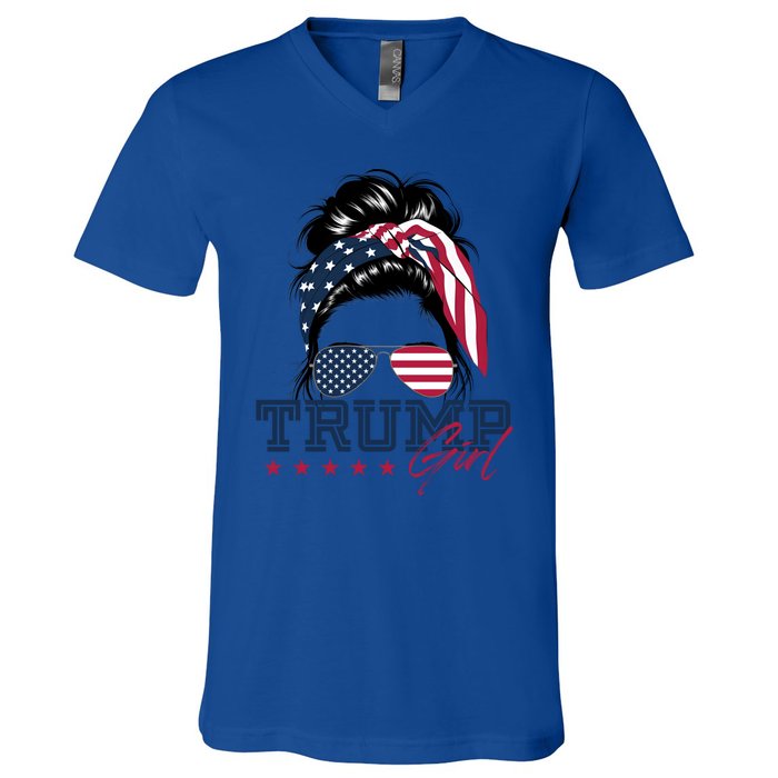 Trump Messy Bun Trump 2024 Election American Flag Meaningful Gift V-Neck T-Shirt