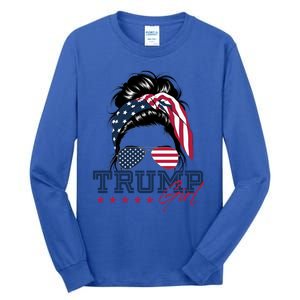 Trump Messy Bun Trump 2024 Election American Flag Meaningful Gift Tall Long Sleeve T-Shirt