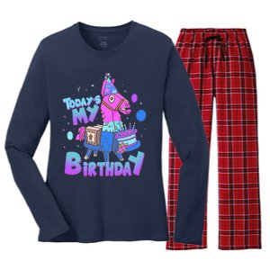 Todays My Birthday Llama Birthday Llama Decor Women's Long Sleeve Flannel Pajama Set 