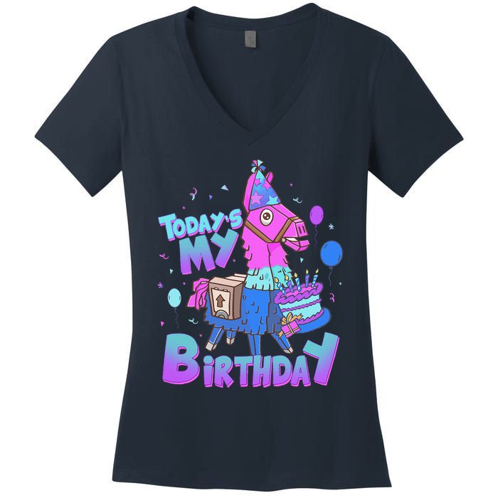 Todays My Birthday Llama Birthday Llama Decor Women's V-Neck T-Shirt