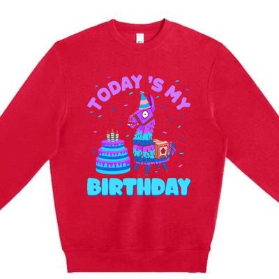 Todays My Birthday Llama Birthday Party Decorations Premium Crewneck Sweatshirt