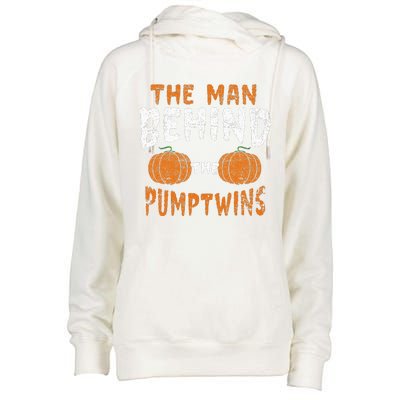 The Man Behind The Pumpkin Twins Funny Halloween Pregnancy Womens Funnel Neck Pullover Hood