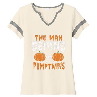 The Man Behind The Pumpkin Twins Funny Halloween Pregnancy Ladies Halftime Notch Neck Tee