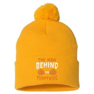 The Man Behind The Pumpkin Twins Funny Halloween Pregnancy Pom Pom 12in Knit Beanie