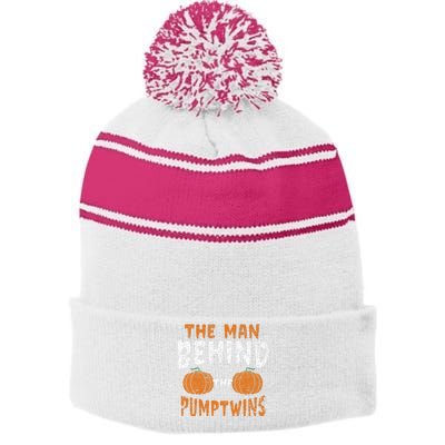 The Man Behind The Pumpkin Twins Funny Halloween Pregnancy Stripe Pom Pom Beanie