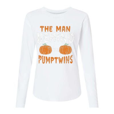 The Man Behind The Pumpkin Twins Funny Halloween Pregnancy Womens Cotton Relaxed Long Sleeve T-Shirt