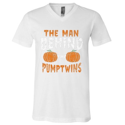 The Man Behind The Pumpkin Twins Funny Halloween Pregnancy V-Neck T-Shirt