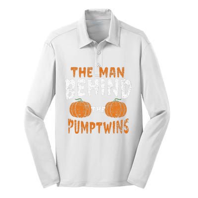 The Man Behind The Pumpkin Twins Funny Halloween Pregnancy Silk Touch Performance Long Sleeve Polo