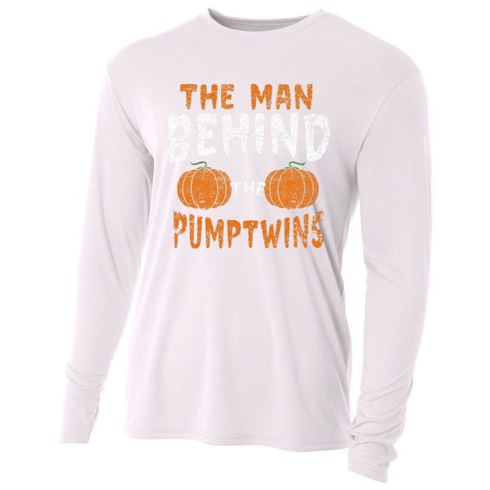 The Man Behind The Pumpkin Twins Funny Halloween Pregnancy Cooling Performance Long Sleeve Crew