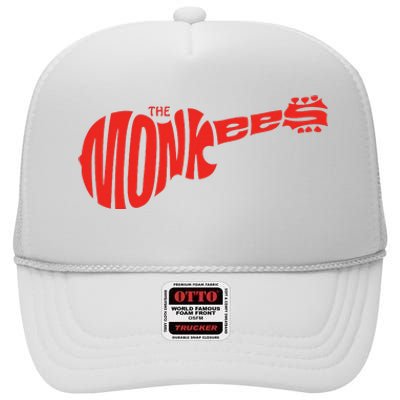 The Monkees Classic Red Guitar Logo White High Crown Mesh Back Trucker Hat