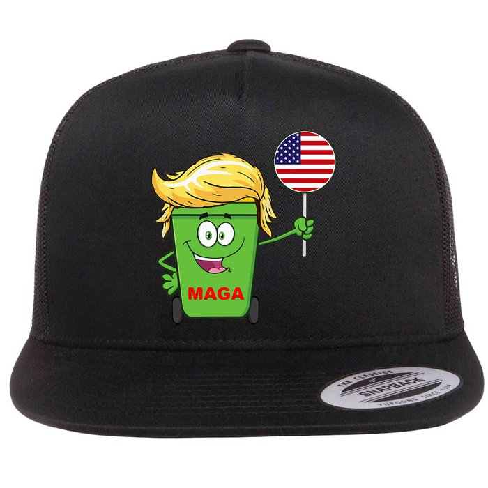 Trump Maga Cartoon Garbage Can American Flag Flat Bill Trucker Hat