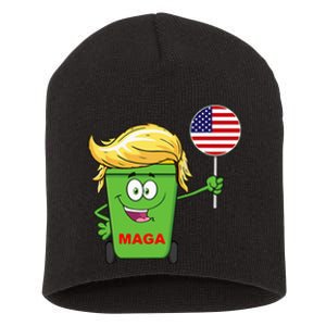 Trump Maga Cartoon Garbage Can American Flag Short Acrylic Beanie