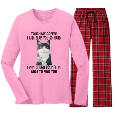 Touch My Coffee I Will Slap You So Hard Cat Coffee Lovers Women's Long Sleeve Flannel Pajama Set 