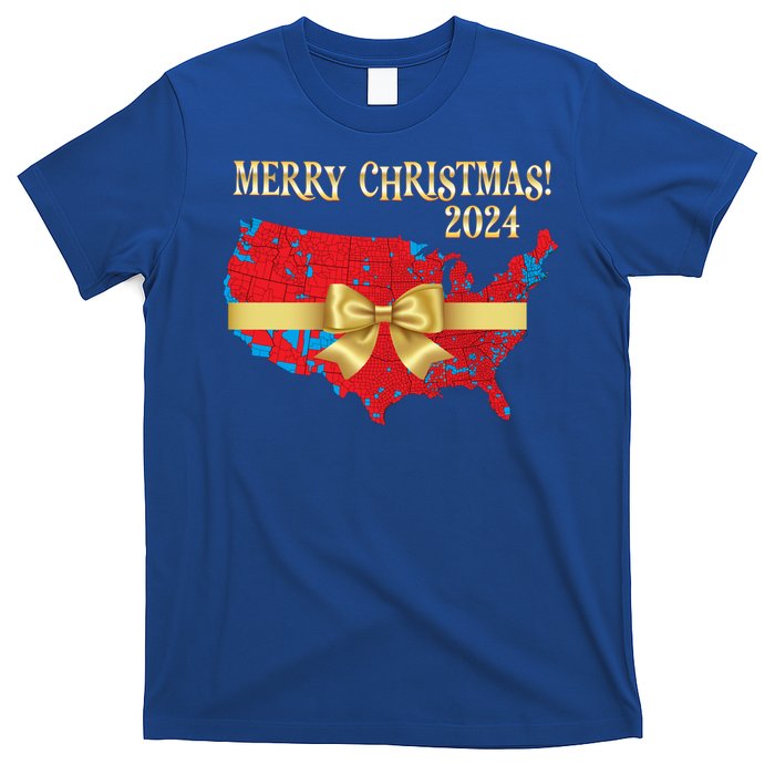 Trump Merry Christmas Red Election Map 2024 Golden Bow Maga Gift T-Shirt