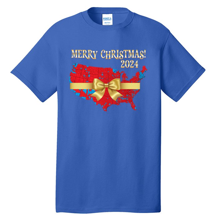 Trump Merry Christmas Red Election Map 2024 Golden Bow Maga Gift Tall T-Shirt