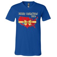 Trump Merry Christmas Red Election Map 2024 Golden Bow Maga Gift V-Neck T-Shirt