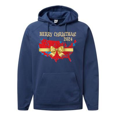 Trump Merry Christmas Red Election Map 2024 Golden Bow Maga Gift Performance Fleece Hoodie