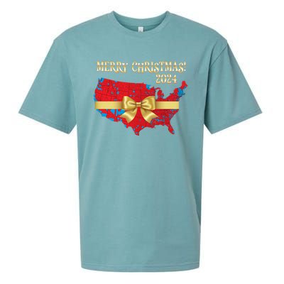 Trump Merry Christmas Red Election Map 2024 Golden Bow Maga Gift Sueded Cloud Jersey T-Shirt