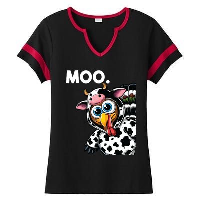 Turkey Moo Cow Costume Funny Thanksgiving Halloween Ladies Halftime Notch Neck Tee