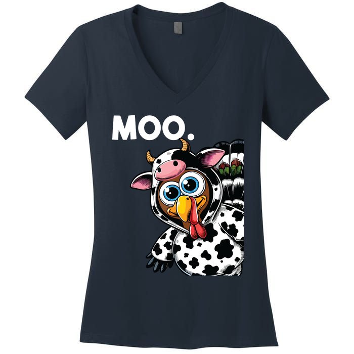 Turkey Moo Cow Costume Funny Thanksgiving Halloween Women's V-Neck T-Shirt