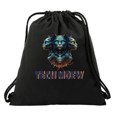 Techno Meow Cybernetic Triple Cat Design Drawstring Bag