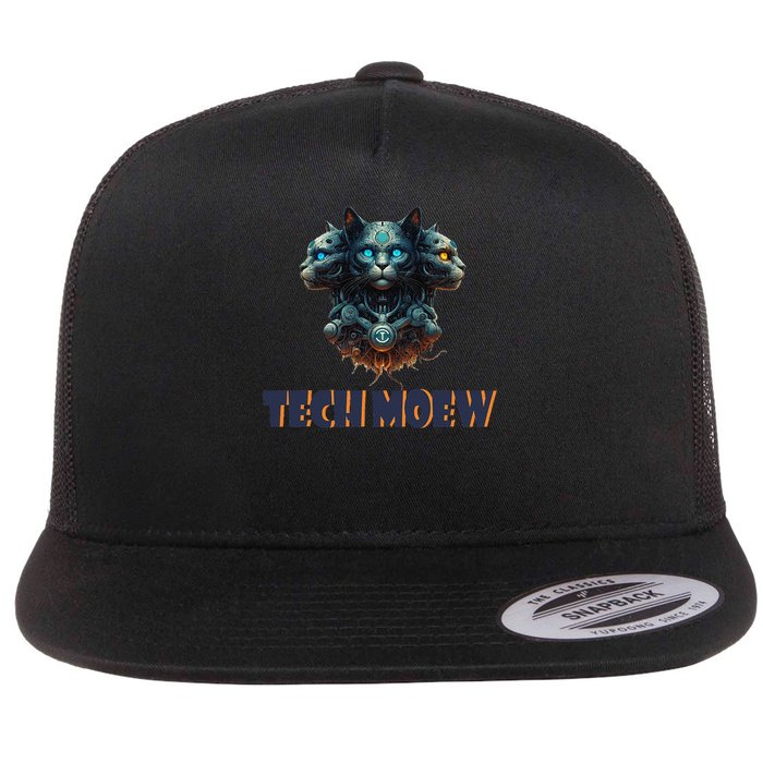 Techno Meow Cybernetic Triple Cat Design Flat Bill Trucker Hat