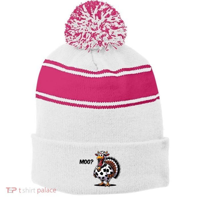 Turkey Moo Cow Funny Thanksgiving Stripe Pom Pom Beanie