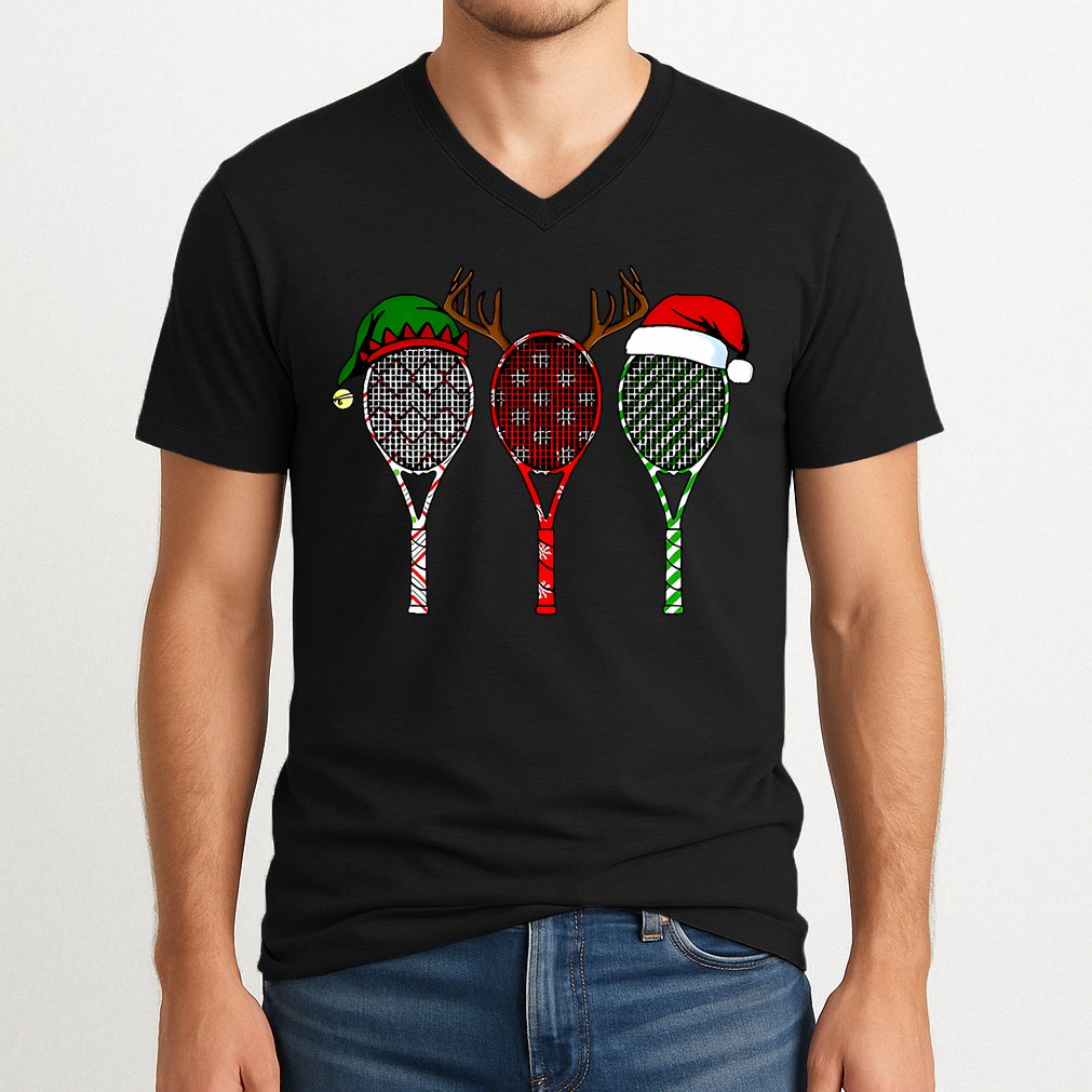Tennis Merry Chistmas 3 Tennis Racket Christmas V-Neck T-Shirt