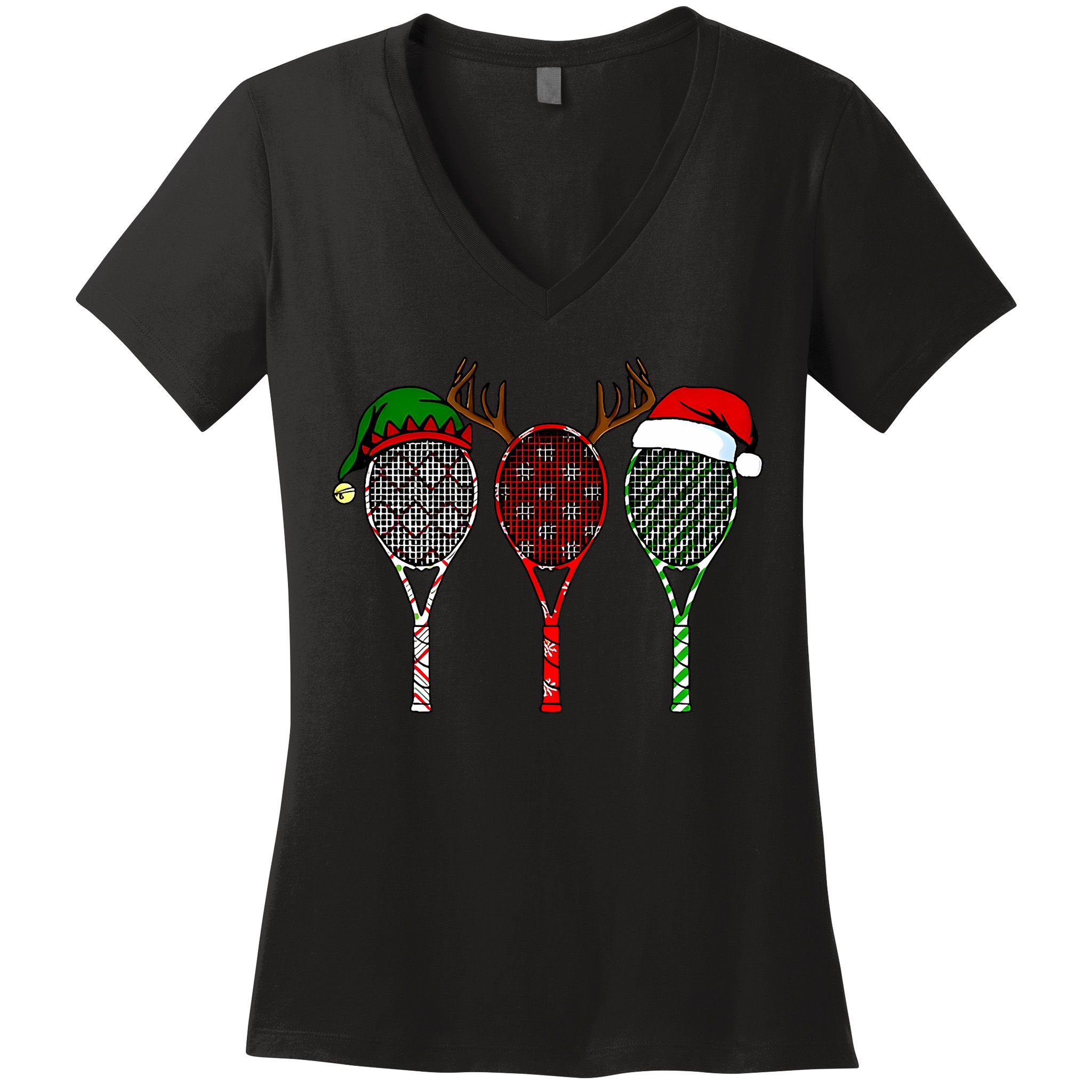 Tennis Merry Chistmas 3 Tennis Racket Christmas Women's V-Neck T-Shirt